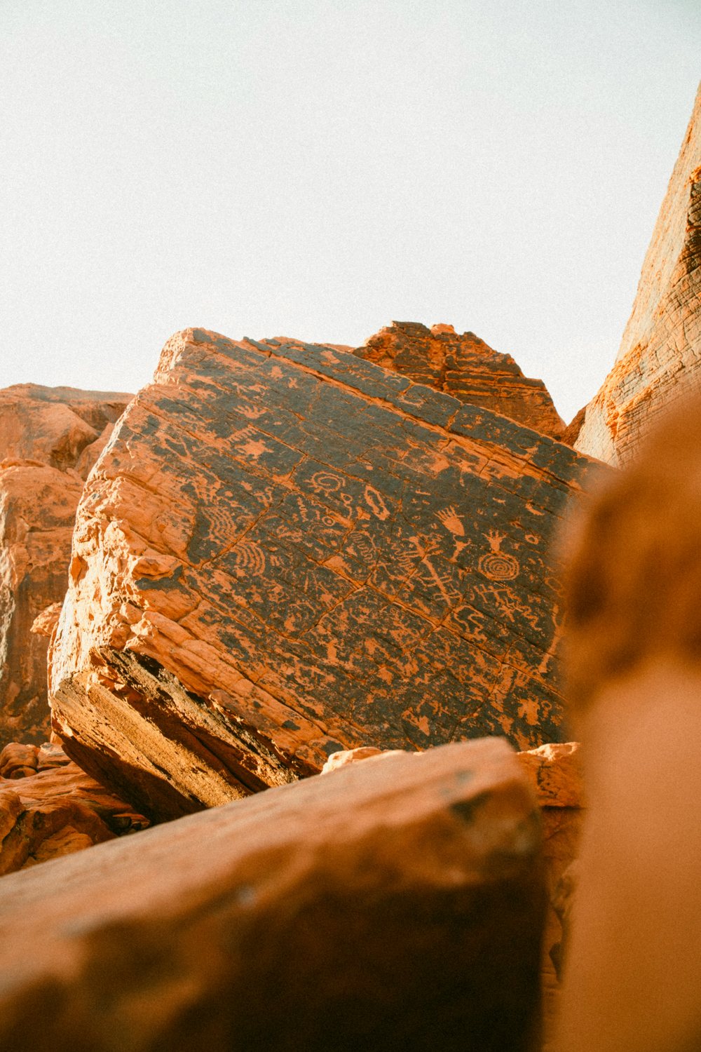 Ancient petroglyphs carved into a desert boulder