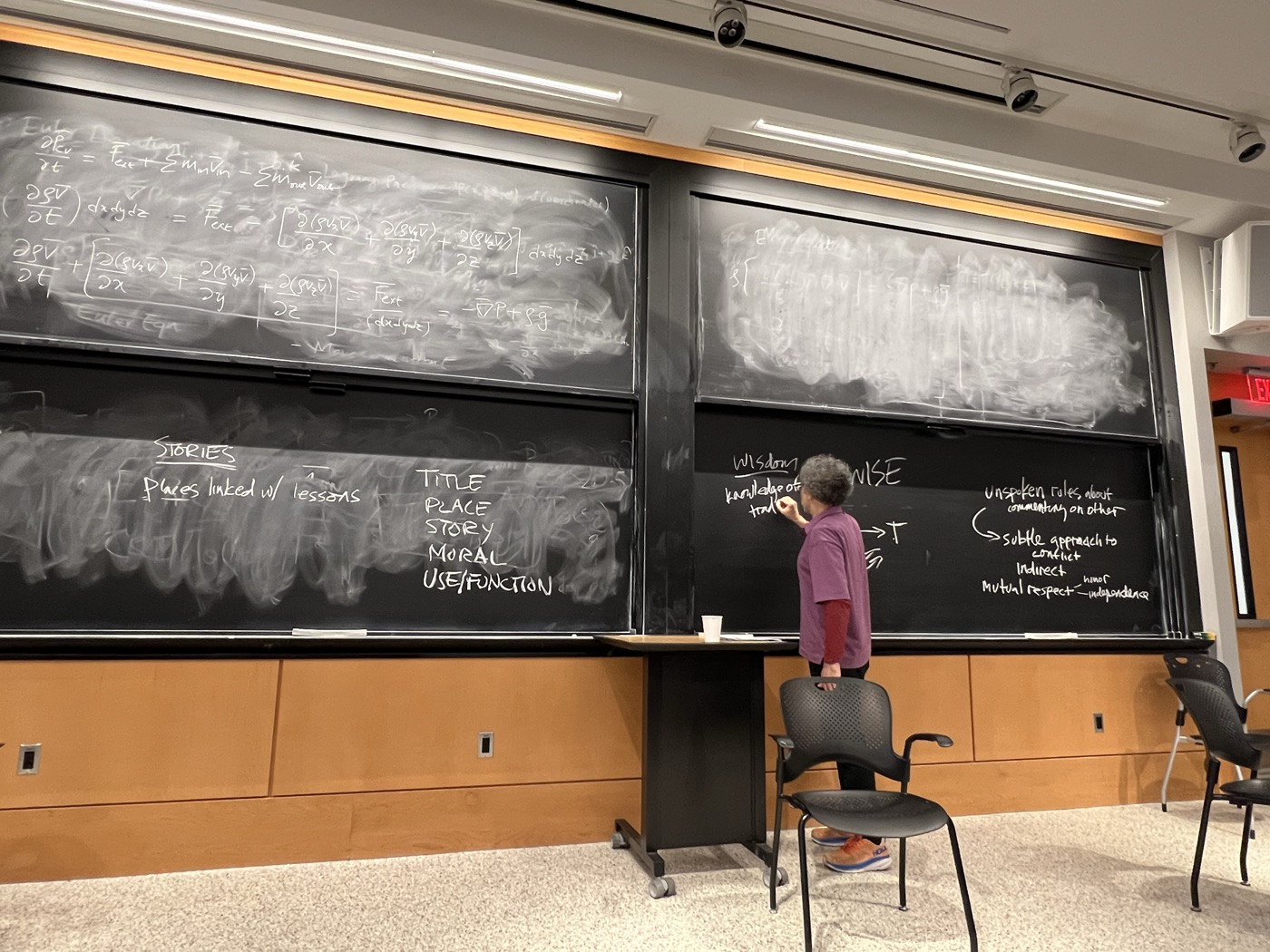 A blackboard mapping stories to places and lessons, beside notes working from the word wisdom toward the word wise